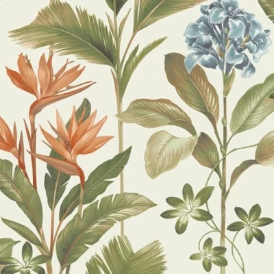 Image of Oliana Floral Green Orange Wallpaper Botanical Flowers Leaves Naturistic Stylish Modern Feature Wall