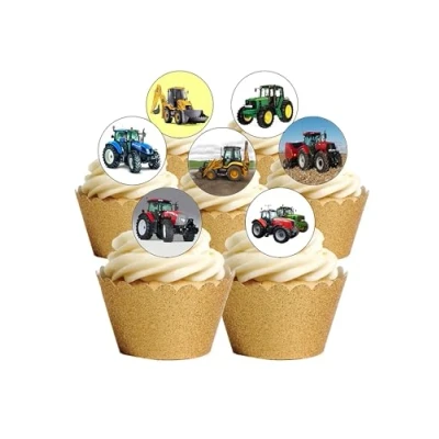 Image of 24 Precut Round Edible Wafer Paper Tractors and Diggers Cake Toppers Decorations