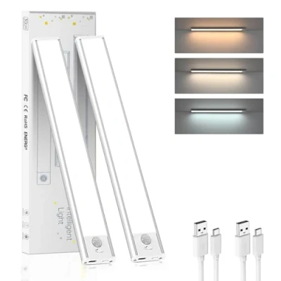 Image of Under Cabinet Kitchen Lights, Moman 30CM/2Pack Motion Sensor Lights Indoor with 2 Modes/3 Color Temps Dimmable USB Rechargable LED for Cupboard Wardrobe, Light
