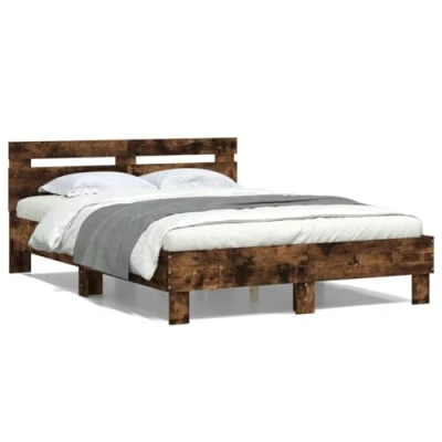 Image of vidaXL Engineered Wood Small Double Bed Frame&amp;Headboard in Smoked Oak Plywood Slats, Modern Design, Easy Assembly 120x190 cm