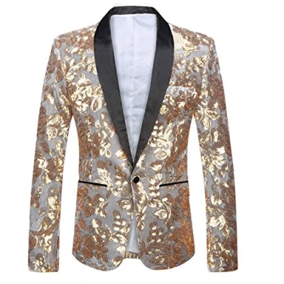 Image of PYJTRL Men Fashion Velvet Sequins Floral Pattern Suit Jacket Blazer (Gold, 3XL)