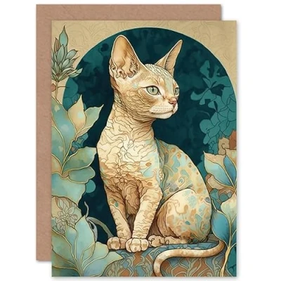 Image of Artery8 Devon Rex Cat with Pattern Fur Art Nouveau Modern Illustration Birthday Sealed Greeting Card Plus Envelope Blank inside