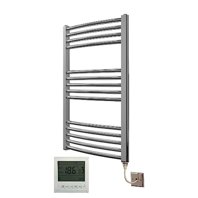 Image of Greened House Electric Chrome 500W x 800H Curved Towel Rail + Timer and Room Thermostat Bathroom Rails