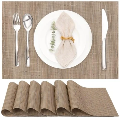 Image of Myir JUN Table Mats Set of 6, Place Placemats Washable Non slip Heat Insulation Woven Vinyl for Kitchen Dinning Restaurant 18&quot;X12&quot; (Brown)