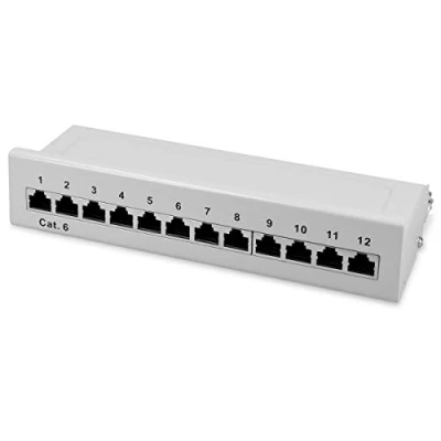 Image of kwmobile Cat6 Patch Panel Shielded Distributor Distribution Bay Field for Cat 6 Cable Network with Ground Wire in Grey 12 Port, Wall Mount