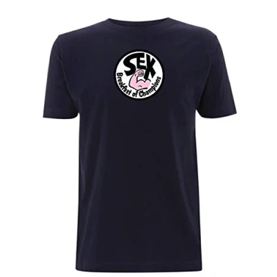 Image of James Hunt Men&#039;s T Shirt Sex Breakfast of Champions Logo Racing F1 Legend no 11 (Colour Print) (Large, Navy Blue)