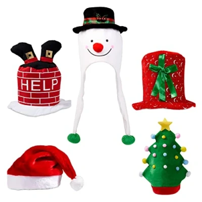 Image of THE TWIDDLERS 5 Christmas Hats, Hilarious Novelty Festive Hats for Fancy Dress &amp; Xmas Parties, Includes Stuck Santa and Turkey Designs., Red, Green, White, Brown, Black, M