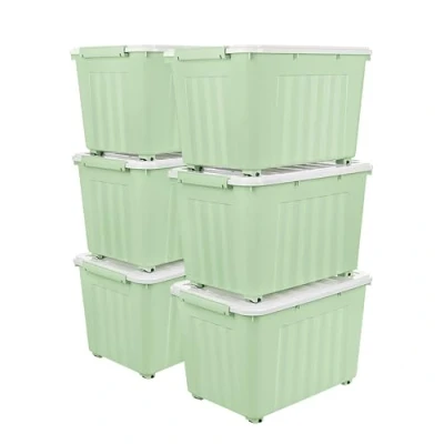 Image of Cetomo 55L*6 Storage Boxes with Wheels, Plastic Box Lid, Latching Buckles, Click Closure, Stackable, Nesting, Durable Organizer for Home Office Clothes, Green, 55L 6 Pack