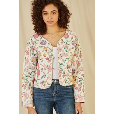 Image of Yumi White Floral Print Reversible Cotton Cropped Quilted Jacket 12