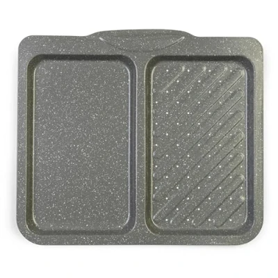 Image of Salter BW10737 Marblestone Dual Baking Tray Non Stick Oven Sheet, Carbon Steel Chip Tray, Perforated Section for Crisping &amp; Searing, PFOA Free, Safe Up to 220C, Multipurpose Cookie Grey