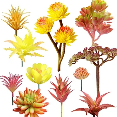 Image of Cayway 11 PCS Artificial Succulents Picks, Yellow Red Succulent Plants, Faux Fake Bouquet String of Floral Arrangement