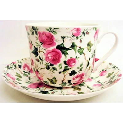 Image of Ivy Rose Breakfast Cup &amp; Saucer Fine Bone China Pink Roses Large Hand Decorated in The U.K. Free UK Delivery