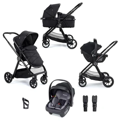 Image of Babymore Mimi Travel System Coco i Size Car Seat Black 3 in 1 Pram Pushchair, Easy Folding &amp; Convertible Carrycot to Pushchair Seat, Universal Adaptors, Foot Muff, Rain Cover Cup Holder