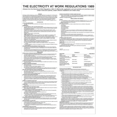Image of iSigns Posters and Information (Electricity at Work Regulations 1989), A2 Office Sign, Durable PVC H&amp;S Law Poster, British HSE Standards Approved