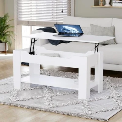Image of Vida Designs Lift Up Coffee Table With Large Hidden Storage Compartment and Shelf, H 48 60 x L100 W48 cm (White)