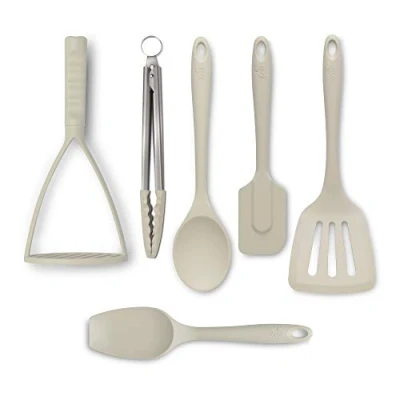 Image of Zeal JSET47C Non Stick Silicone Tongs, Turner, Spatula, Cooks Spoon, Spatula &amp; Masher 6 Piece Set Cream, Large