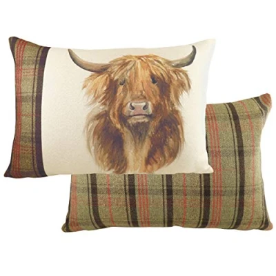 Image of Evans Lichfield Hunter Highland Cow Square Tartan Feather Filled Cushion Multicolour One Size