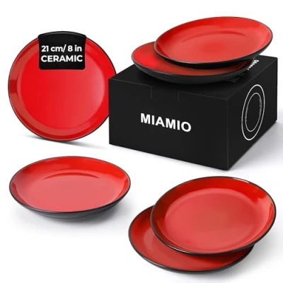 Image of MIAMIO 6 x Plate/Dinner Plate Set Stoneware Ceramic Tableware Le Papillon Collection (Red, 21 cm)