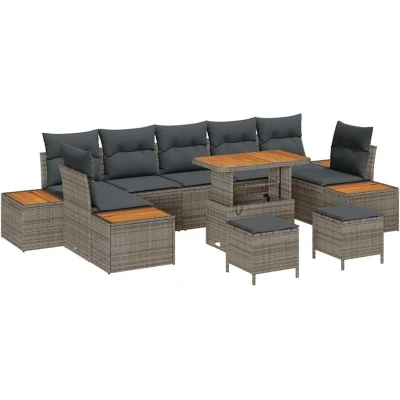 Image of vidaXL 10 Piece Garden Sofa Set with Cushions Grey Poly Rattan Acacia