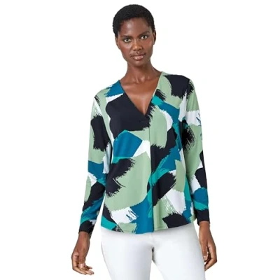Image of Roman Womens Abstract Print Pleat Stretch Top Green Size 10 UK