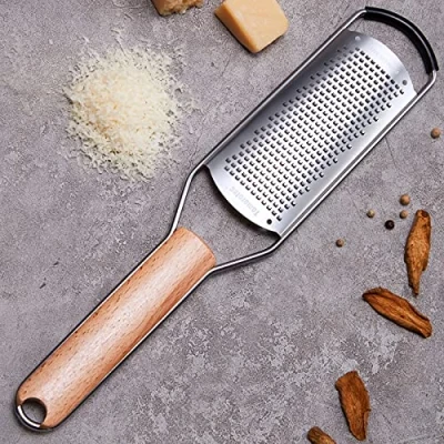 Image of Stainless Steel Cheese Grater with Natural Wood Handle for Parmesan Lemon, Ginger, Cheese, Nutmeg, Potato, Chocolate and Garlic Small