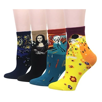 Image of Cansok Women Animal Novelty Dress Crew Socks (Mona Lisa Starry Night Kiss Art Famous Painting 4 pairs)