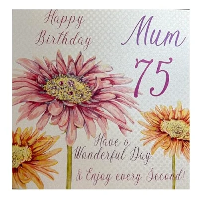 Image of white cotton cards &quot;Pink Gerbera, Happy Birthday 75 mum Have a Wonderful Day Handmade 75th Card, White, wba75