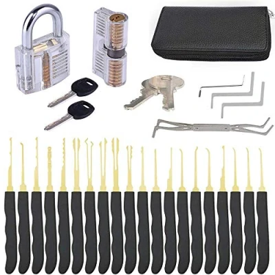 Image of Loboo Idea 28 Piece Lock Pick Set with Transparent Padlock Picking Tool Kit Practice for Beginners and Pro Locksmiths