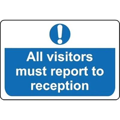 Image of All Visitors Must Report to Reception Safety Sign Self Adhesive Sticker (300mm x 200mm)
