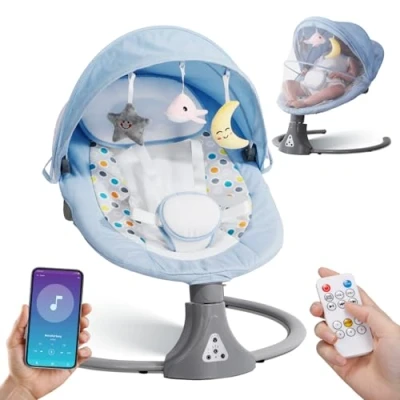 Image of Baby Bouncer Electric Swing Chair: Rocker with Bluetooth Remote Control Chair 5 Speeds &amp; 12 Preset Lullabies Toddler 3 Timers for Newborn Boys Girls (Blue)