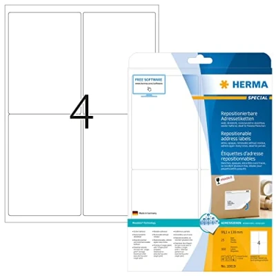 Image of HERMA Self Adhesive Removable Labels, 4 Labels per A4 Sheet, 25 Sheets, 99.1 x 139 mm, 100 Blank Multipurpose Stickers, Sticky for Laser &amp; Inkjet Printer, White