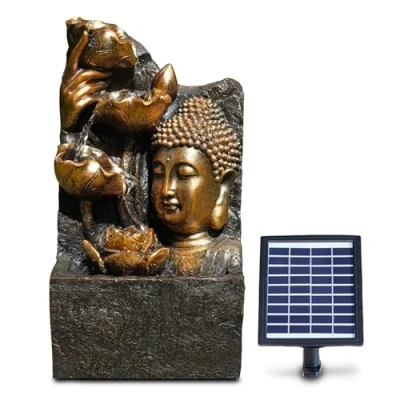 Image of Solar Outdoor Garden Fountain Water Feature LED Polyresin Statues Home Decoration Buddha Head