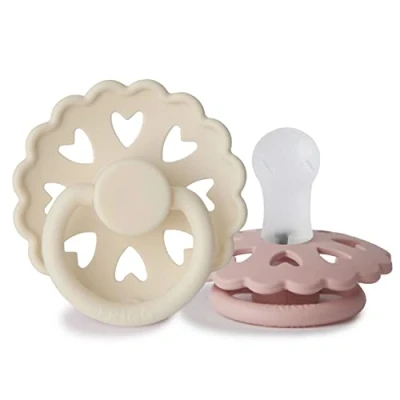 Image of FRIGG Fairytale Silicone Pacifier Pack of 2 Soother Dummy BPA Free Made in Denmark Symmetrical Cherry Shaped Nipple (Cream/Blush (0 6 Months))