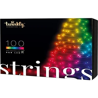 Image of Twinkly Strings 100 RGB LED String Lights Indoor and Outdoor Smart Multi Color Compatible with HomeKit, Alexa Google Home, Gaming Lights, IP44, App Controlled, Black Wire, 8m