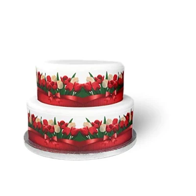 Image of Edible Decor Sheet Red &amp; White TULIP Bow themed Border Ribbon Perfect for Decorating Your Cakes Easy to Use