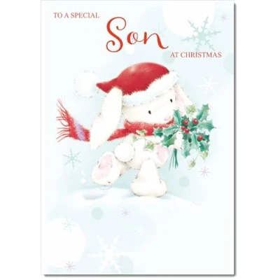 Image of doodlecards Son Christmas Card Cute Rabbit with Holly Medium Size for Plain Envelope