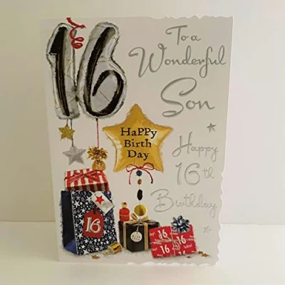 Image of Jonny Javelin Wonderful Son Happy 16th Birthday Card Age 16 Balloons Presents