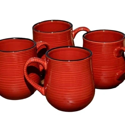 Image of Darthome Red Ribbed Barrel Mugs, 400ml Capacity, Glazed Stoneware, Set of 4