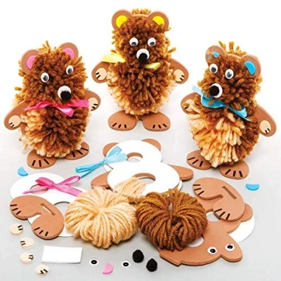 Image of Baker Ross FE362 Teddy Bear Craft Pom Kits Pack of 3, Childrens Art Make Your Own Fluffy Friend