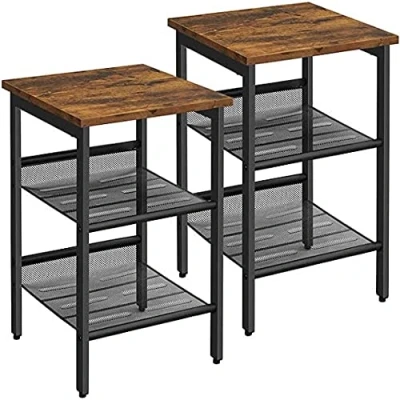 Image of VASAGLE Side Table Set, Nightstand, Industrial Set of 2 Bedside Tables, with Adjustable Mesh Shelves, Living Room, Bedroom, Hallway, Office, Stable, Rustic Brown and Black LET24X