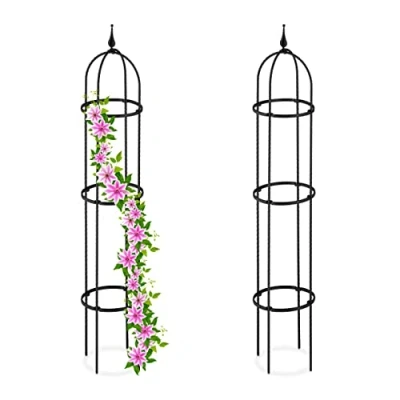 Image of Relaxdays Garden Obelisk, Set of 2, 130 cm Tall, Support for Climbing Plants, Free Standing, Metal, Rose Cage, Black