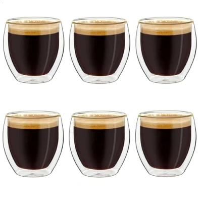 Image of Creano Double Walled Espresso Glasses 100ml Insulated Coffee Cups Handmade Heat Resistant Glass 6 pcs (Pack of 1)