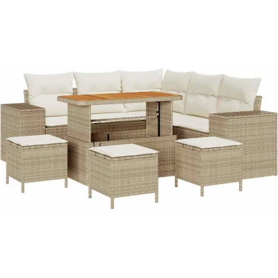 Image of vidaXL 9 Piece Garden Sofa Set with Cushions Beige Poly Rattan Acacia