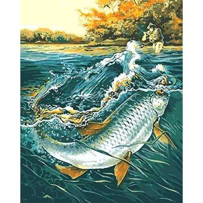 Image of Awesocrafts Paint by Numbers Kits, Underwater World Carp, Fishermen Fishing Number Painting for Adults and Kids 16x20 inch (Carp, No Frame)