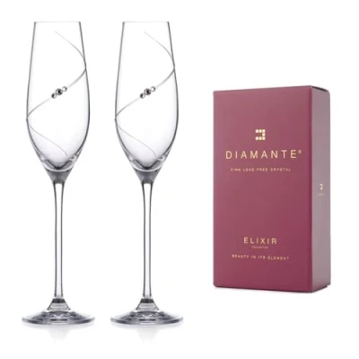 Image of DIAMANTE Champagne Flutes Prosecco Glasses Pair with ‘Silhouette’ Hand Cut Design Embellished Swarovski Crystals