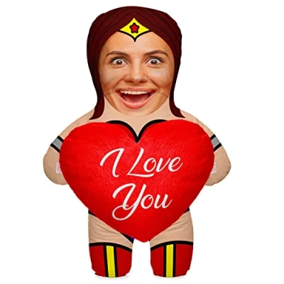 Image of Personalized Funny Photo Gift Pillow Cushion with Filling; Body your own Face Picture Printed; 45 cm High; Birthday Present Mother&#039;s Day; Motif Wonder Lady HEART [091]
