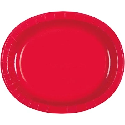 Image of Ruby Red Solid Oval Paper Plates (30cm) Pack of 8 Elegant &amp; Durable Dinnerware for Parties, Events, and Everyday Use