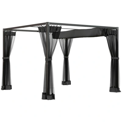 Image of Outsunny 3 x 3m Retractable Pergola Canopy with Netting Metal Frame Dark Grey