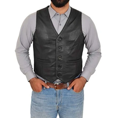 Image of Mens Real Leather Waistcoat Classic Style Vest Nick (S, Black)