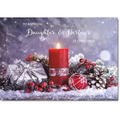 Image of doodlecards Daughter and Partner Christmas Card Festive Red Candle Large A4 Size for &amp; with Plain Envelope